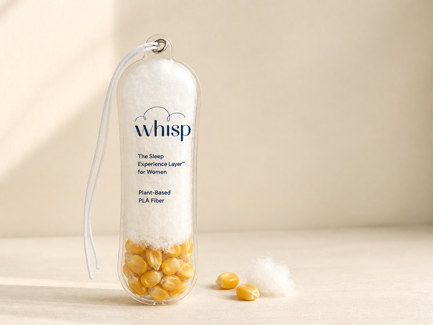 Whisp plant-based PLA fiber sample with corn