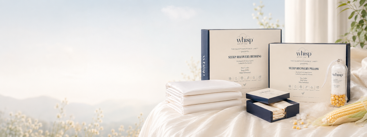 Whisp PLA textile innovation products with bedding, fiber sample, and corn