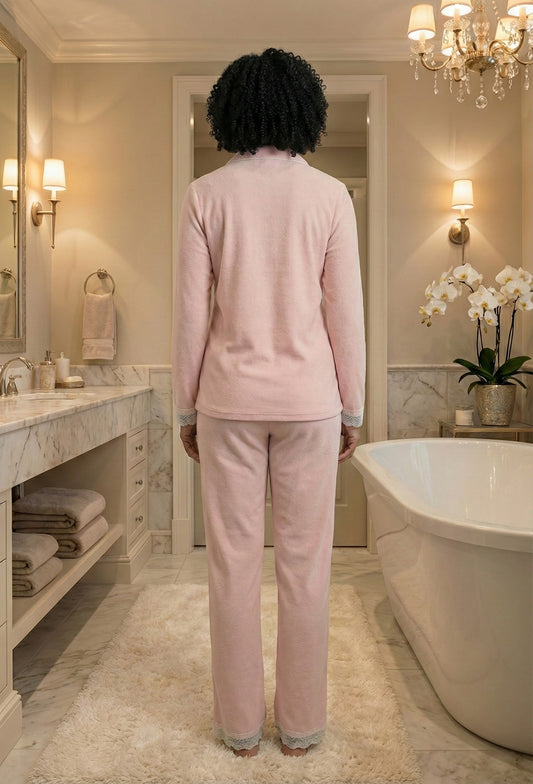 Long-Sleeve Button Down Pajama Set with Lace-Trim