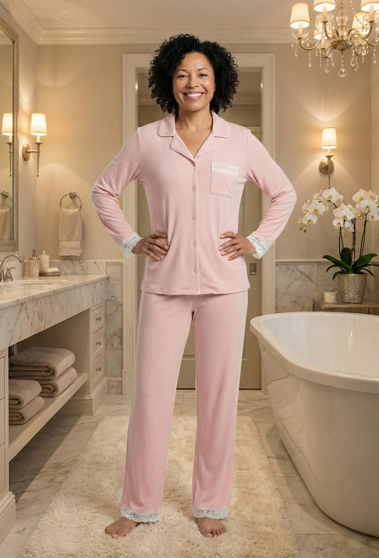 Long-Sleeve Button Down Pajama Set with Lace-Trim