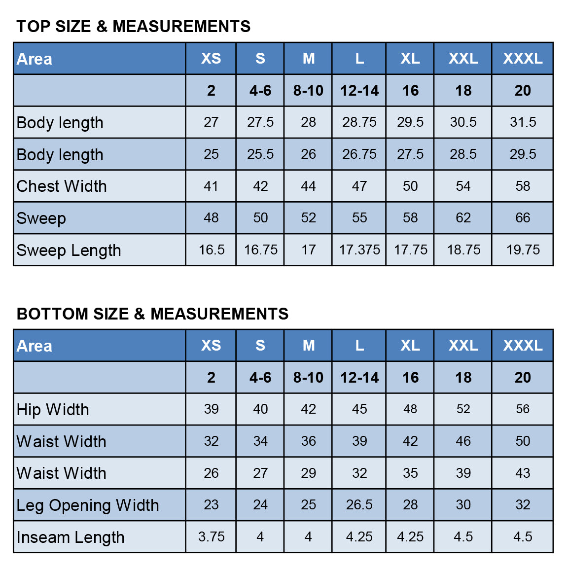 Size chart for Sleepwear and Bedding Bundle