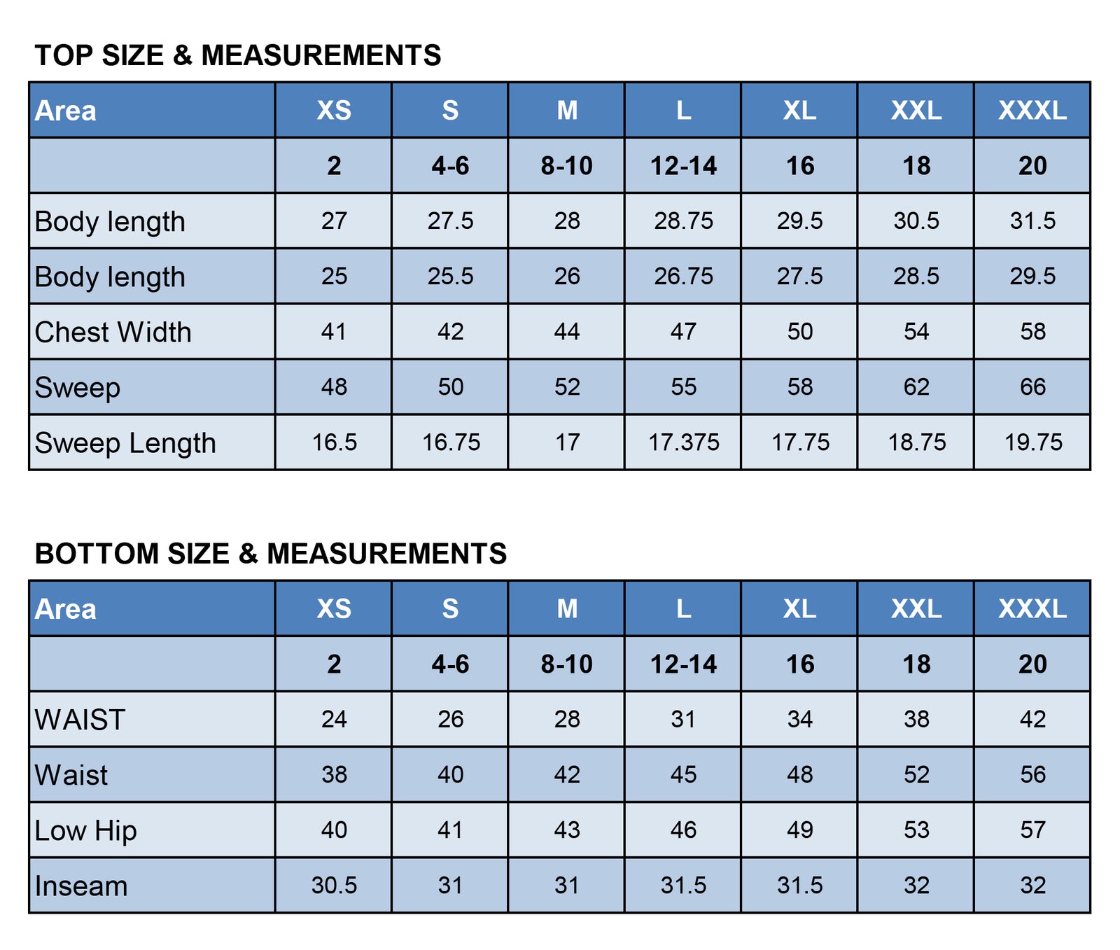 Size chart for Long-Sleeve Button Down Pajama Set with Lace-Trim (WH003)