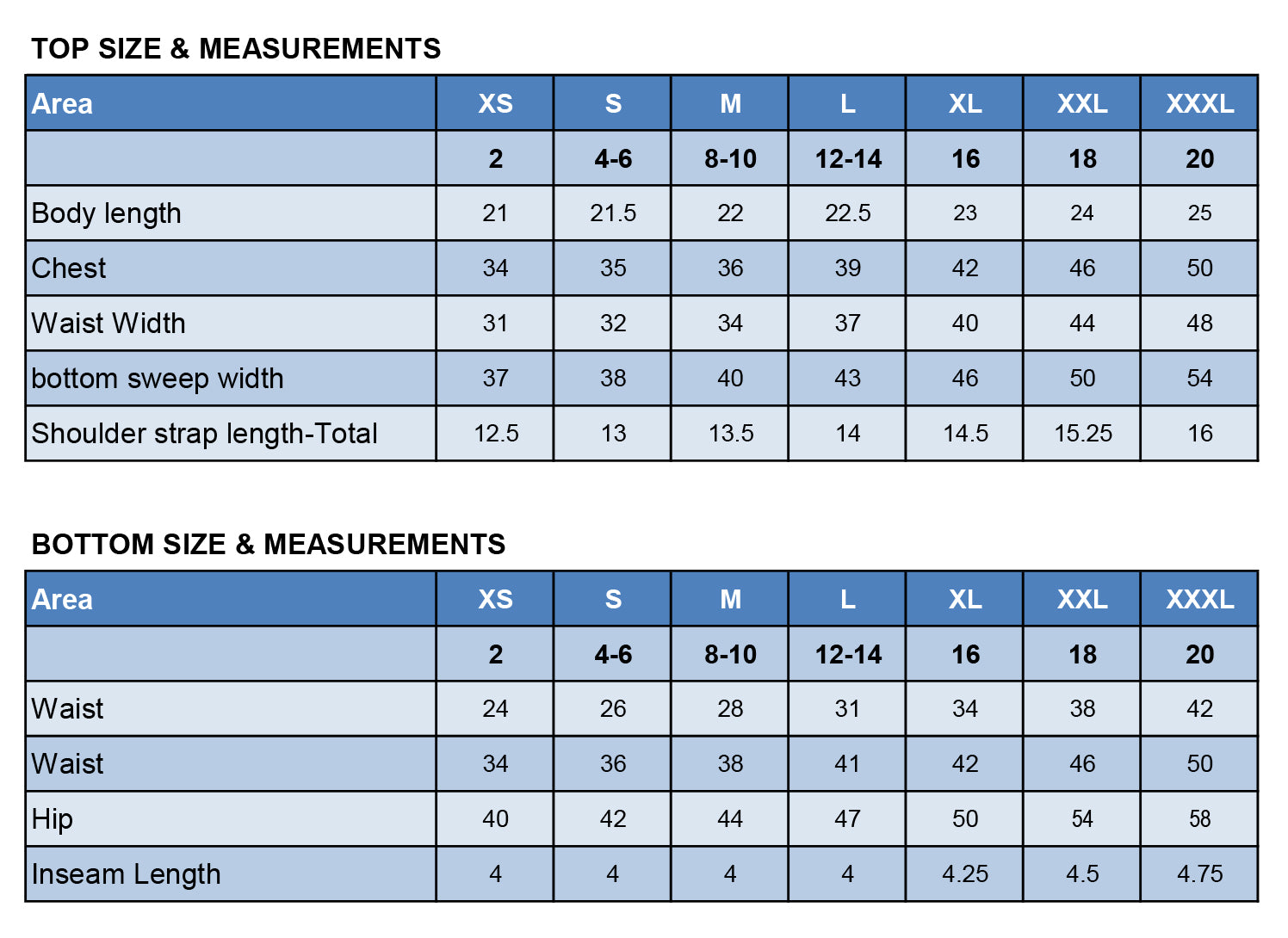 Size chart for Cami Lounge Set (WH101)