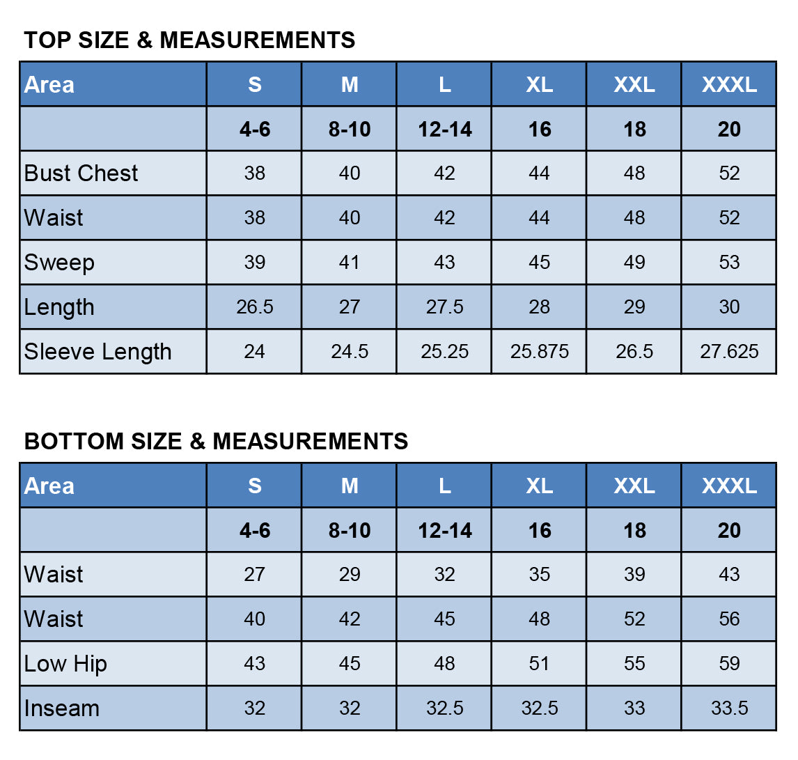 Size chart for Sleeveless Pajama Set (WH103)