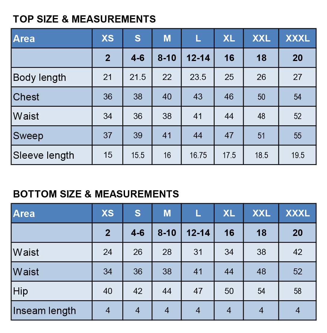 Size chart for Short-Sleeve Lounge Set (WH106)