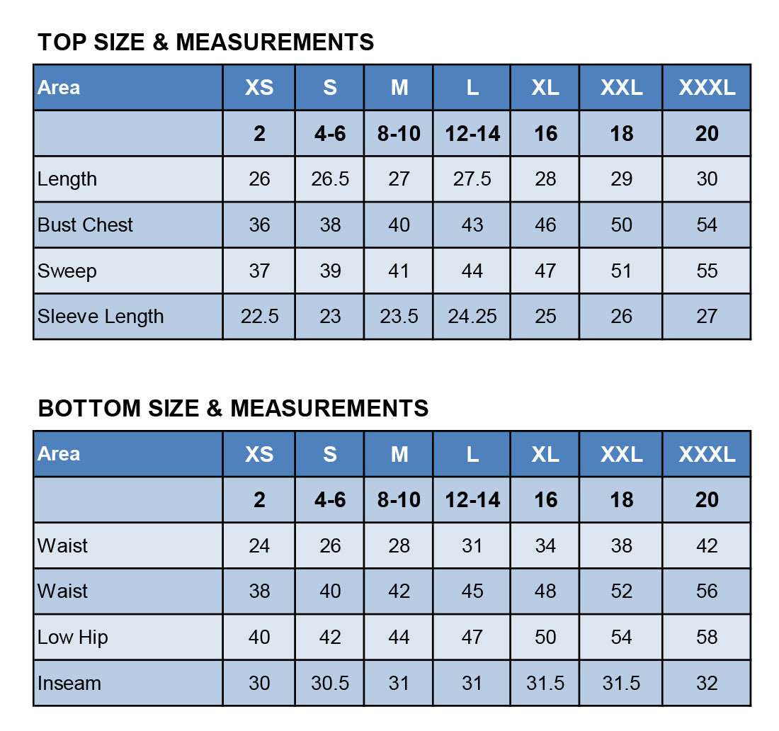 Size chart for Long-Sleeve Pajama Set (WH107)