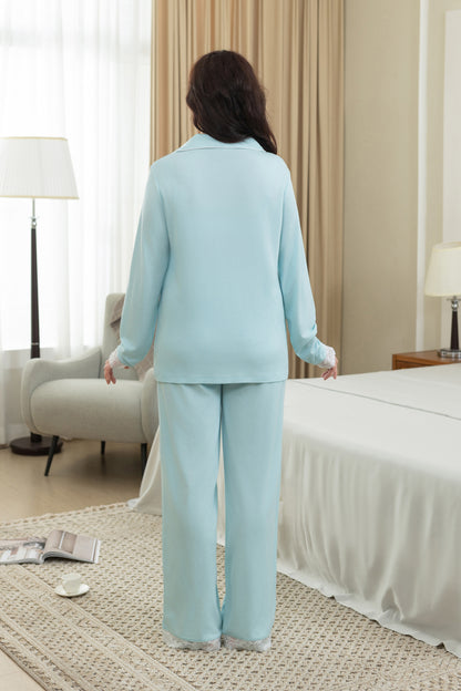 Long-Sleeve Button Down Pajama Set with Lace-Trim