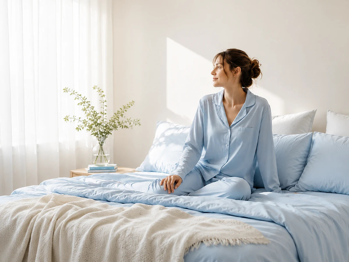 Woman wearing Whisp sleepwear in a softly lit bedroom