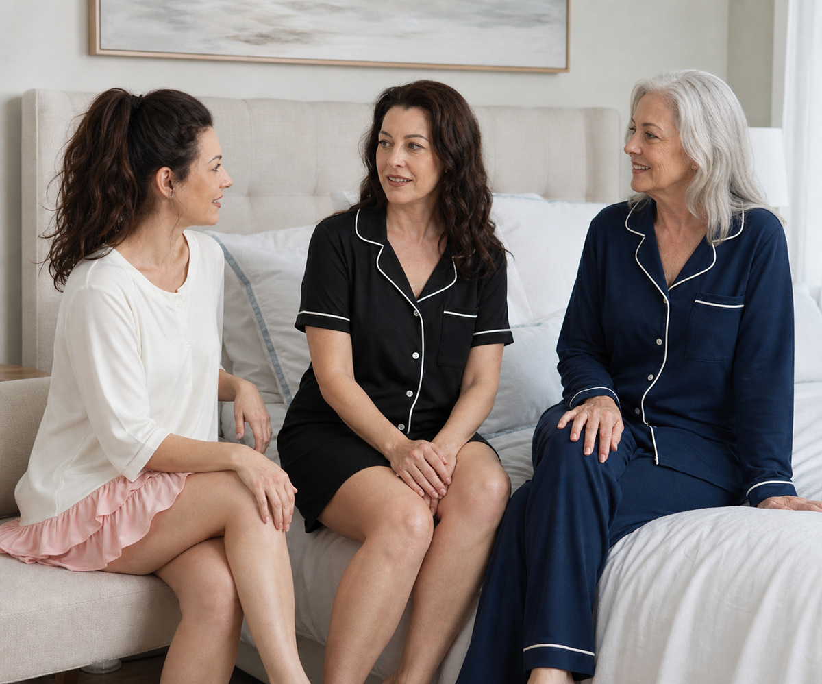 Women sharing an open conversation in a calm bedroom